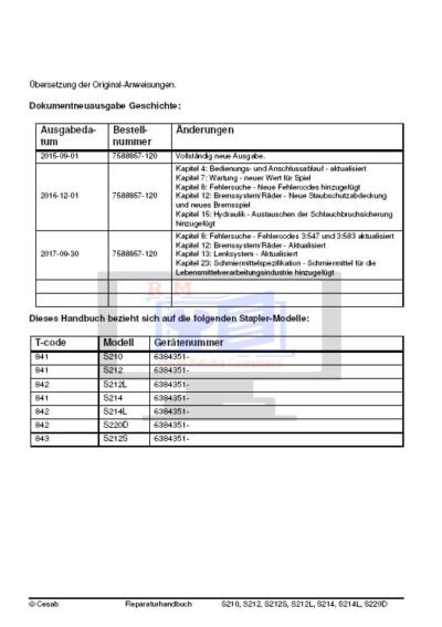 Service and repair manual for Cesab Forklift series including models S210, S212, S212S, S212L, S214, S214L, and S220D