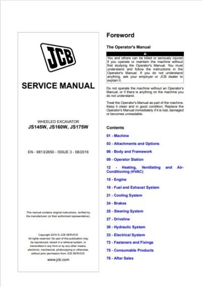 JCB JS145W, JS160W, JS175W Excavator Service Repair Manual - Image 2