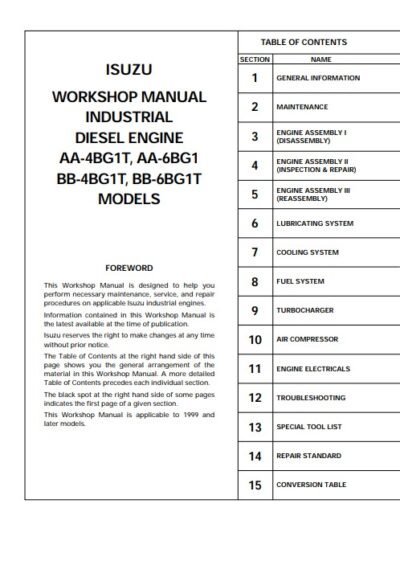 Isuzu AA-4BG1T AA-6BG1 BB-4BG1T BB-6BG1T  Industrial Engines Workshop Manual - Image 2