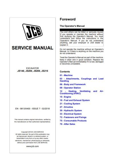 JCB JS140, JCB JS200, JCB JS205, JCB JS215 Excavator Service Repair Manual - Image 2