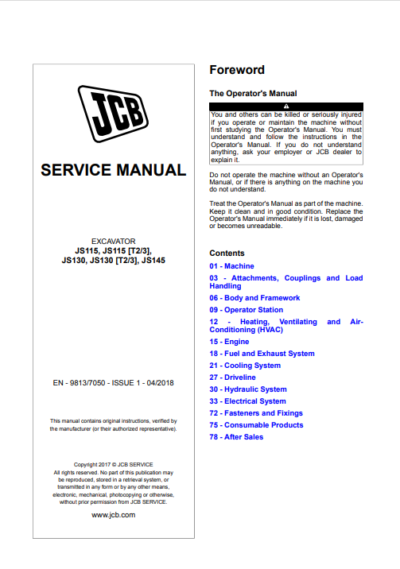 JCB JS115, JS115 ( T2,T3) JS130, JS130 (T2,T3) JS145 Service Repair Manual - Image 2