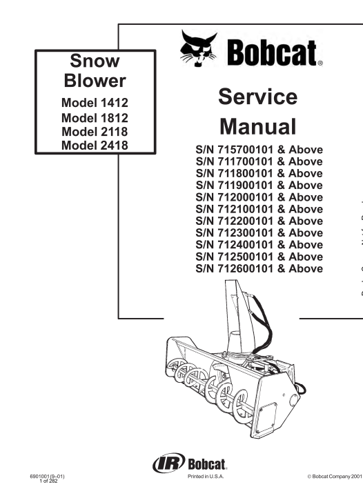 Bobcat Snow Blower 1412, 1812, 2118, 2418 Service Repair Manual
