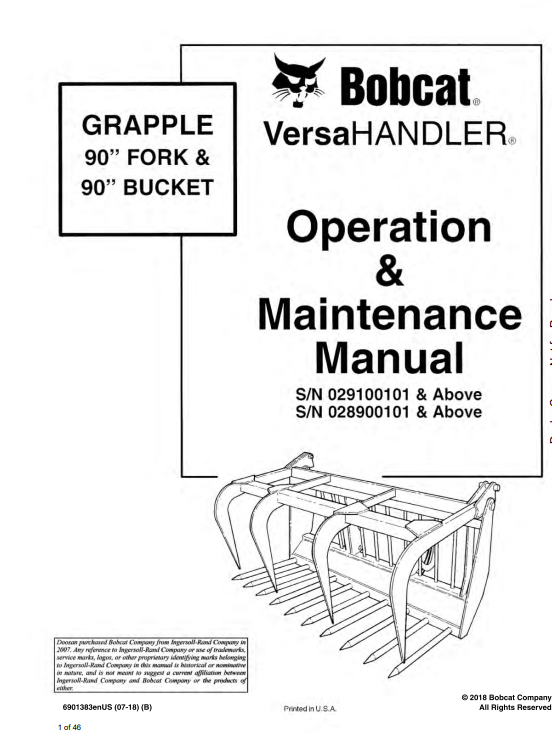 Bobcat Grapple 90 Fork & Bucket Operation & Maintenance Manual 2 Bobcat Grapple 90