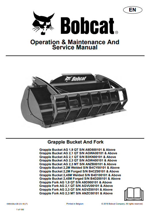 Bobcat Grapple Bucket & Fork Operation & Maintenance Manual 2 bobcat service manual