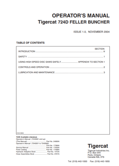 Detailed operator's manual for the Tigercat 724D Feller Buncher, covering usage instructions and maintenance guidelines