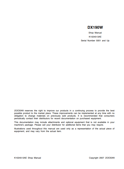 Doosan DX190W Wheel Excavator Workshop Repair Manual 2 Doosan DX190W Wheel Excavator Workshop Repair Manual - Image 2