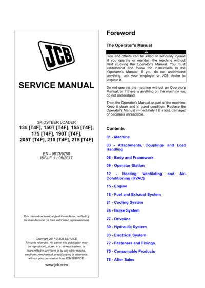 Comprehensive service manual for JCB 135 Skid Steer Loader, covering repair and maintenance guidelines