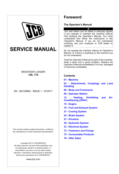 Comprehensive service manual for JCB 175 Skid Steer Loader, covering repair and maintenance guidelines