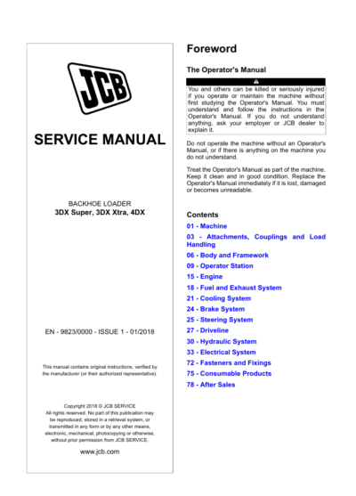 Comprehensive service manual for JCB 3DX Xtra Backhoe Loader, covering repair and maintenance guidelines
