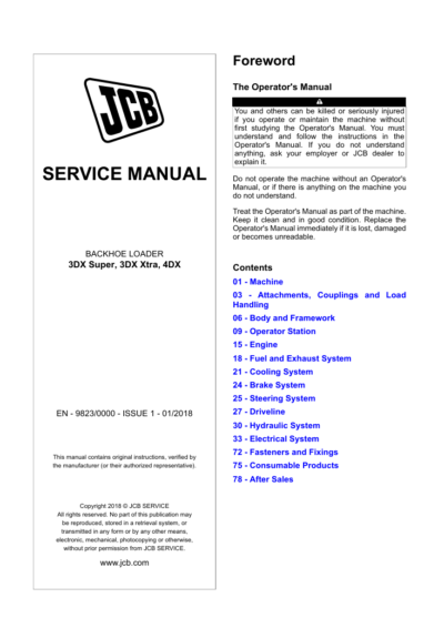 Comprehensive service manual for JCB 4DX Backhoe Loader, covering repair and maintenance guidelines