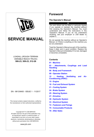 Detailed service repair manual for JCB 506-23 Loadall, outlining necessary maintenance and repair protocols for users