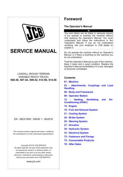 Comprehensive service manual for JCB 506-36 Telehandler, covering repair and maintenance guidelines