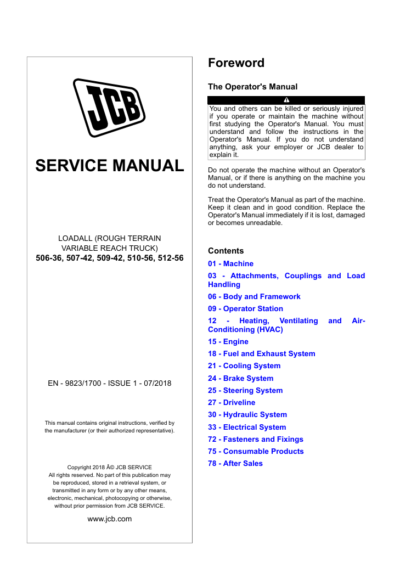 Comprehensive service manual for JCB 507-42 telehandler, covering repair guidelines and maintenance tips