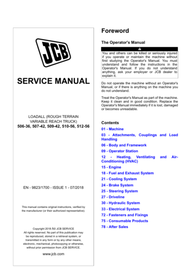 Comprehensive service manual for JCB 510-56 telehandler, covering repair guidelines and maintenance tips
