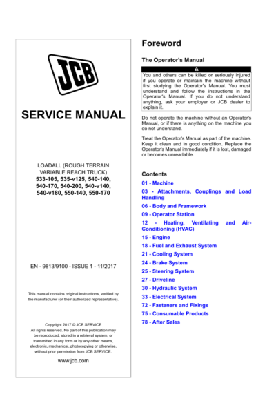 Detailed service repair manual for JCB Loadall 533 105, including maintenance tips and repair procedures for efficiency