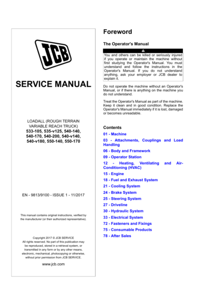 Comprehensive service repair manual for the JCB 540 v140 Loadall, covering essential maintenance guidelines
