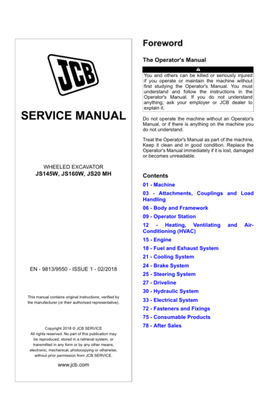 Comprehensive service manual for JCB JS145W Wheel Excavator, covering repair and maintenance guidelines