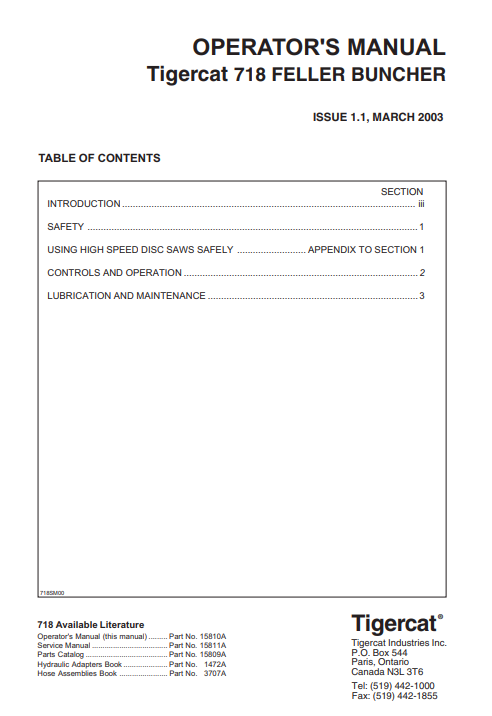Tigercat 718 Feller Buncher Operator's Manual 2 Tigercat 718 Feller Buncher Operator's Manual - Image 2