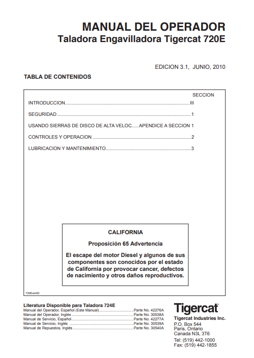 Tigercat 720E Feller Buncher Operator's Manual (Spanish) 2 Tigercat 720E Feller Buncher Operator's Manual (Spanish) - Image 2
