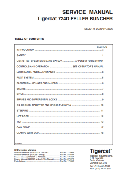 Service repair manual for the Tigercat 724D Feller Buncher, detailing maintenance and troubleshooting procedures