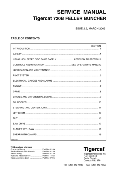 Repair manual for the Tigercat 720B Feller Buncher, offering insights into service procedures and maintenance tips