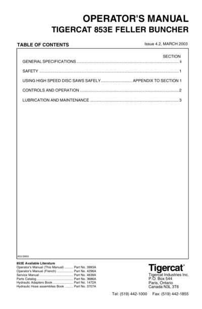 Tigercat 853E Feller Buncher Operator's Manual - Image 2